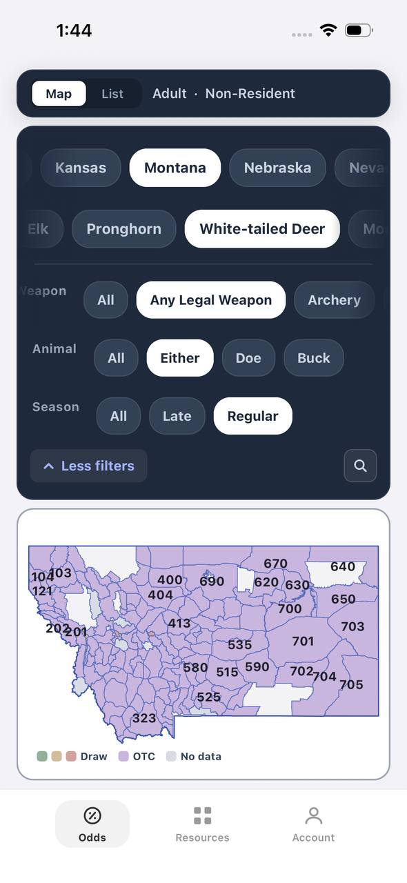 Montana white-tailed deer draw odds filtered to any legal weapon, either sex, regular season