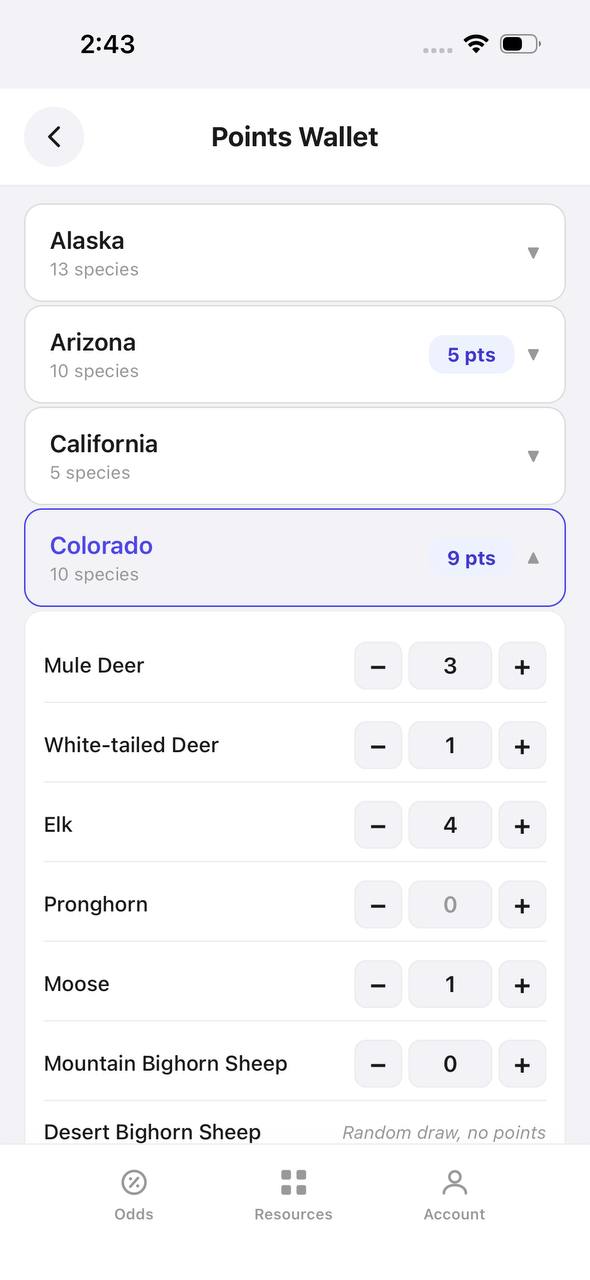 Points Wallet screen with Colorado expanded, showing a point stepper per species