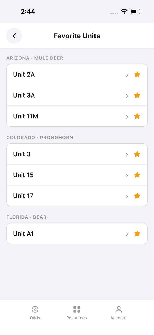 Favorite Units screen grouped by state and species