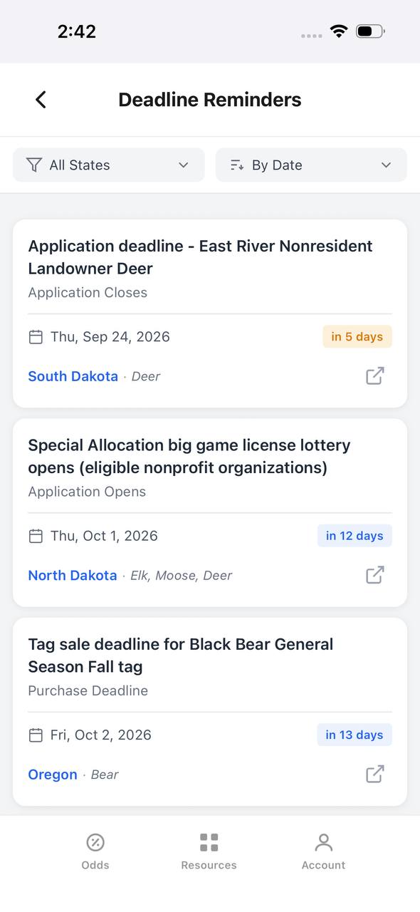 Deadline Reminders screen listing application and purchase deadlines by date