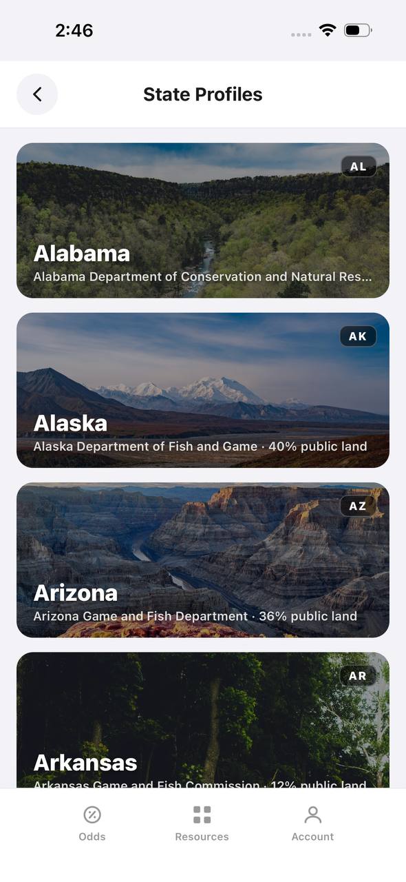 State Profiles screen listing states with wildlife agency and public land percentage