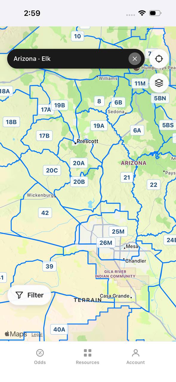 Arizona elk unit boundaries overlaid on an interactive street map