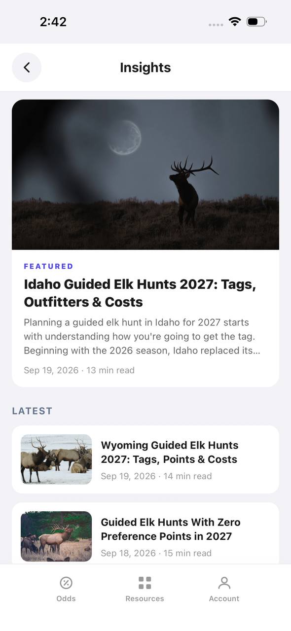 Insights screen with a featured article and a latest articles list